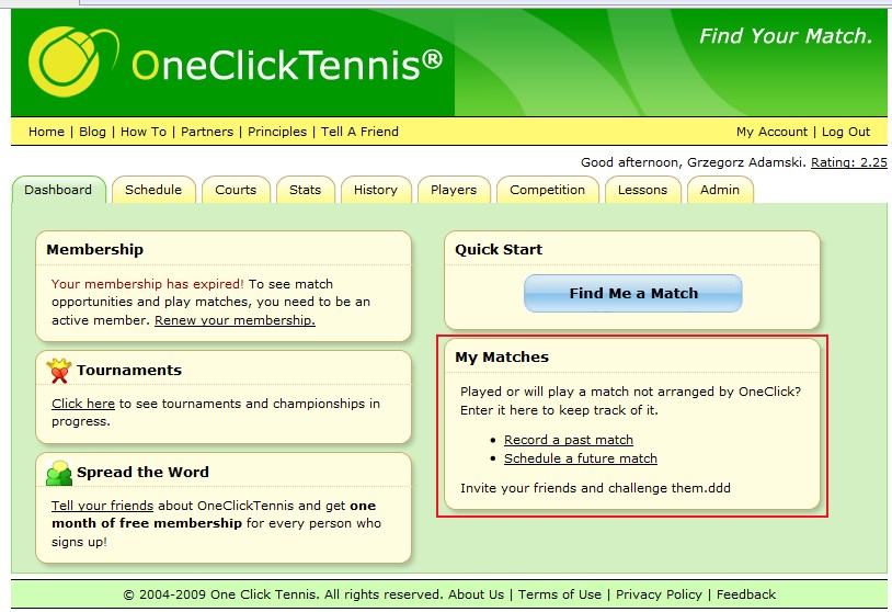 Enter match on the Dashboard